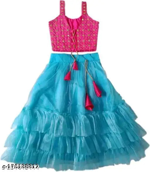 Designer satin lehenga choli in light blue net dupatta, sleeveless, for girls' party wear