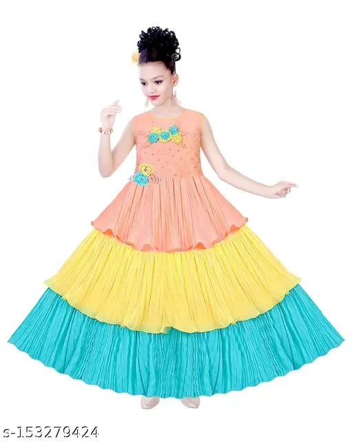 Brightly colored, ruffled, floor-length, formal dresses for girls