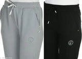 Grey trackpants, black drawstring, logo on left leg