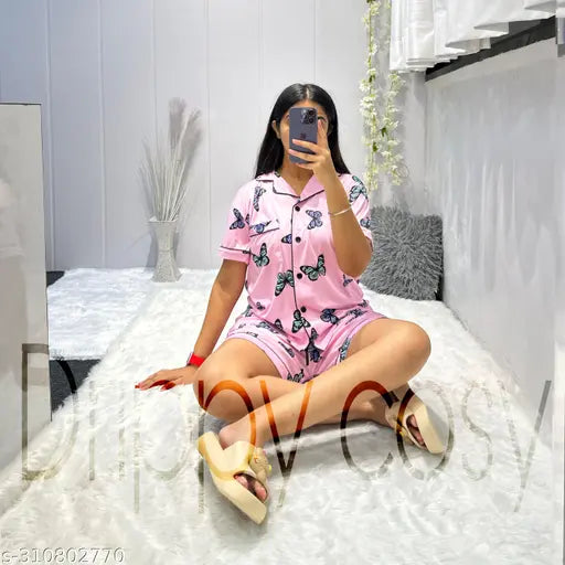 Silk blend butterfly print ladies night suit, luxurious and comfortable sleepwear set with short sleeves, Made in India
