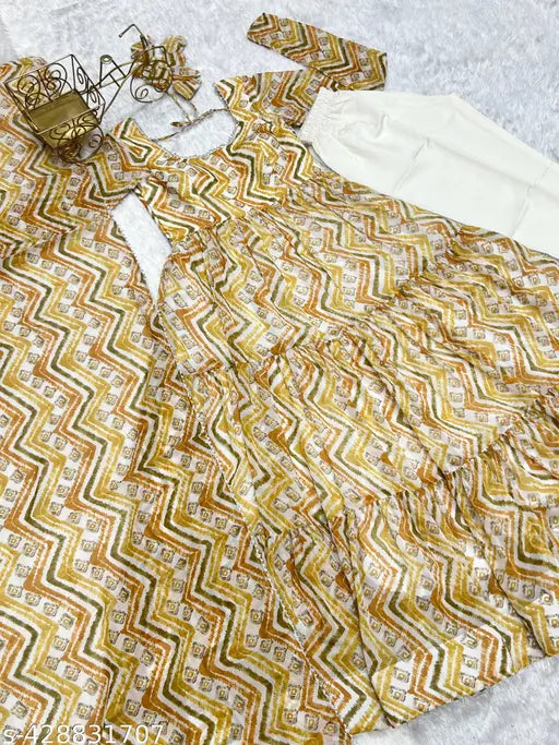 Pure Soft Fox Georgette Zigzag Print Anarkali Dress with Duppata, heavy fabric, padded three-quarter sleeves, side zipper, 7m+ flair. Shawl style dupatta with lace work, silk free size." (124 characters)