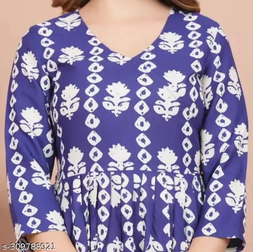 Blue floral printed rayon Anarkali kurti, comfortable for women's ethnic wear. #AnarkaliKurti #RayonKurti #IndianFashion