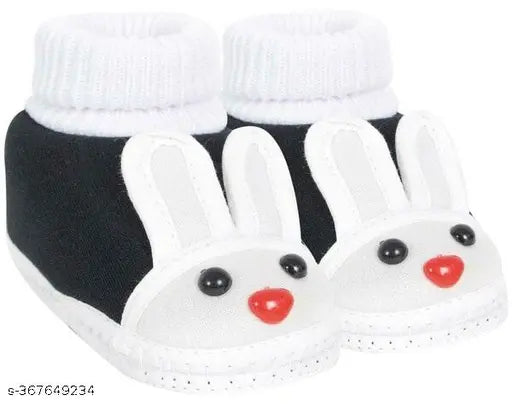 Stylish cotton and EVA rabbit face booties for unisex babies, blue & black, anti-slip sole, slip-on design, ages 0-12 months, pack of 2