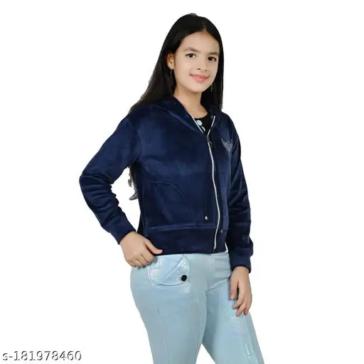 Velvet winter chain jacket sweatshirt with hood (self-design), long sleeves, available in sizes: 8-9 Years, 9-10 Years, 10-11 Years, 11-12 Years, 12-13 Years (JMD Comfy Cute Girl Pretty Trendy) - India