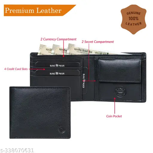 Black genuine leather men's wallet with 2 compartments, credit card slots, and coin pocket. Handcrafted for classic style and long-lasting quality