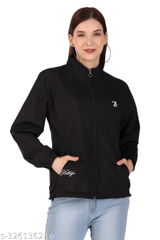 PU women's full-sleeve windcheater, solid pattern, warm inner lining, available in M, L, XL