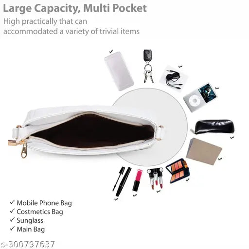 Trendy women slingbag with multiple pockets, smartphone size compatibility, accommodates a variety of items including credit cards, keys, wallets