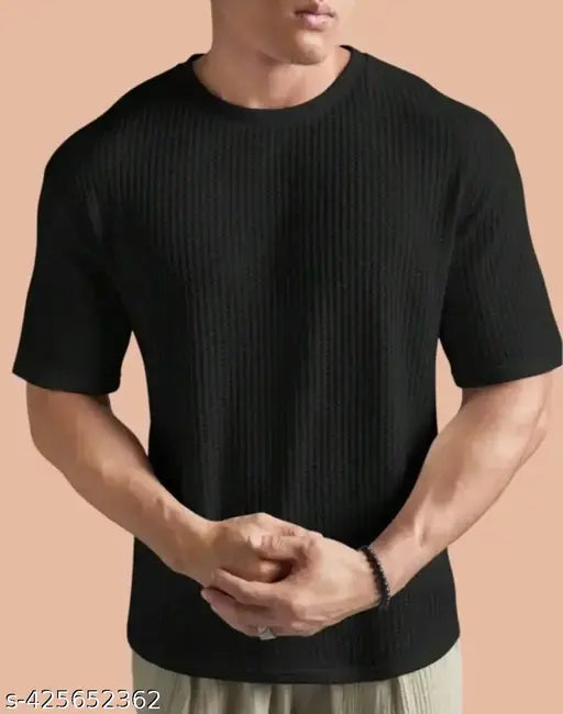 Men's popcorn sleeve short-sleeved solid black t-shirt, trendy and good looking, size M (Chest 15 in, Length 10 in) from India