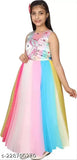 Multicolor unicorn printed gown for girls kids party wear, net fabric, high low design, corsage detail, Kittyfashion brand