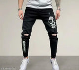 Black distressed denim jeans with printed skull and crossbones pattern, men's casual wear