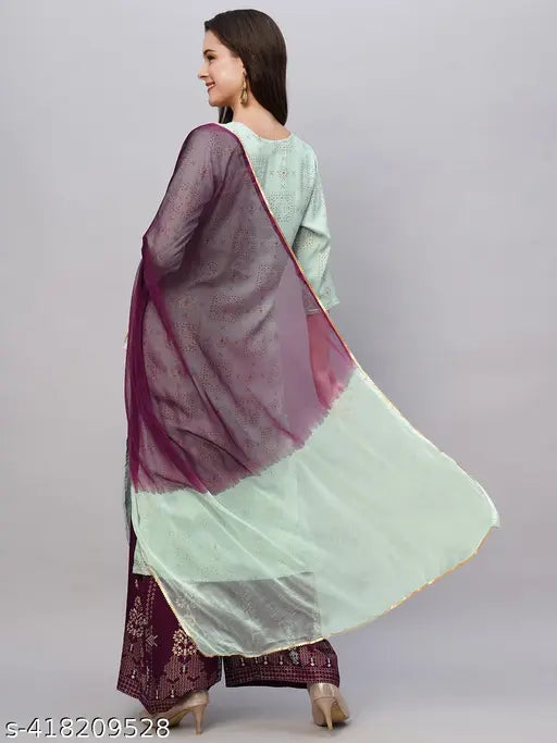 Grey rayon Kiana womens foil print kurta set pack of 3 with embroidered net ethnic motifs, featuring palazzos and three-quarter sleeves