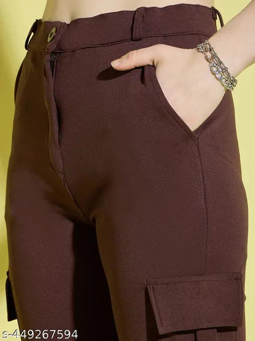 Dark brown cargo pants with high waist, side pockets, and a visible pocket on the right leg