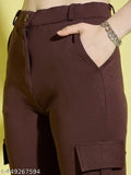 Dark brown cargo pants with high waist, side pockets, and a visible pocket on the right leg