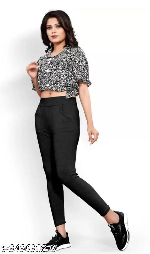 Cotton blend ankle type pocket jeggings, breathable and stretchy for outdoor casual wear. Solid color, elastic closure, and comfortable fit. Suitable for sizes 26-34 inches. Made in India