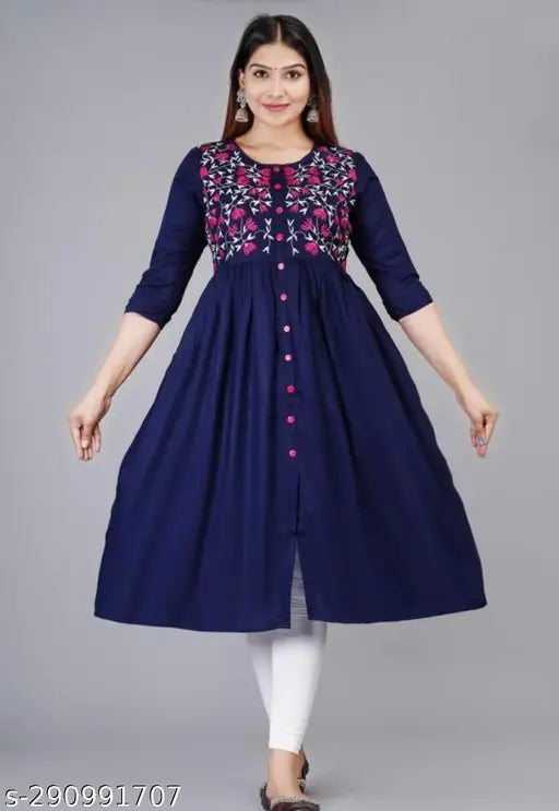 Rayon Anarkali floral kurti with three-quarter sleeves, solid combo. Size S (36in bust, 44in length), M (38in bust, 44in length), L (40in bust, 44in length), XL (42in bust, 44in length), XXL (44in bust, 44in length), XXXL (46in bust, 44in length), 4XL (48in bust, 44in length). Indian ethnic women's fashion