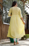 Lemon yellow cotton kameez with floral embroidery, long sleeve