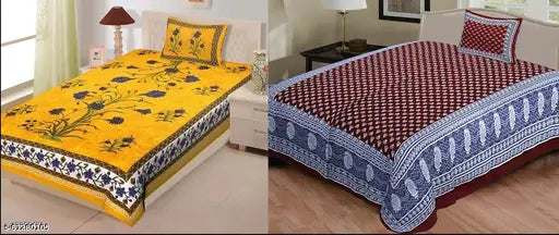 Cotton Jaipuri single bed sheet combo pack with 2 pillow covers, 160 thread count. Bedding set on a single-sized bed