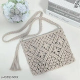 Handcrafted boho macramé crochet purse, featuring a tassel and suitable for summer and beach outings. Crossbody design