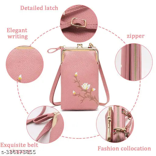 Small crossbody wallet phone sling bag for women. Pink fabric with a kiss lock and credit card slots