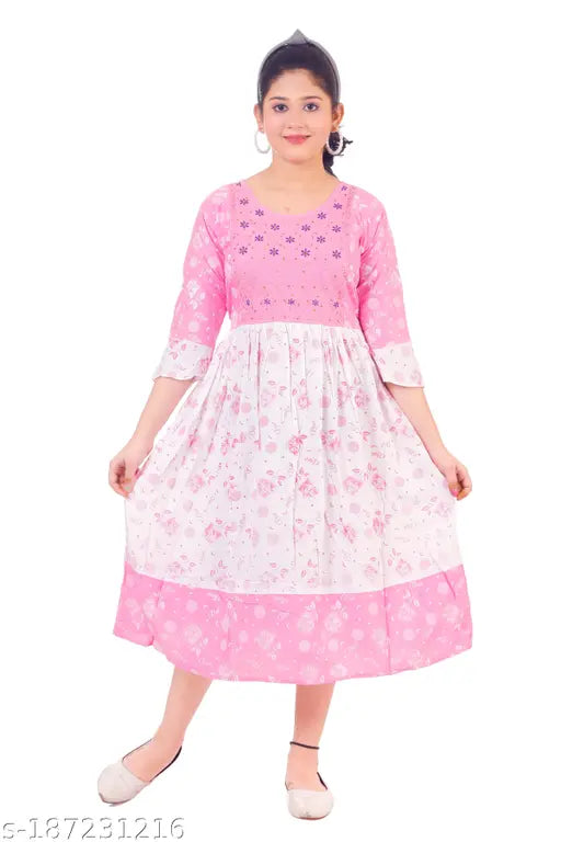 Pink and white rayon traditional print long frock