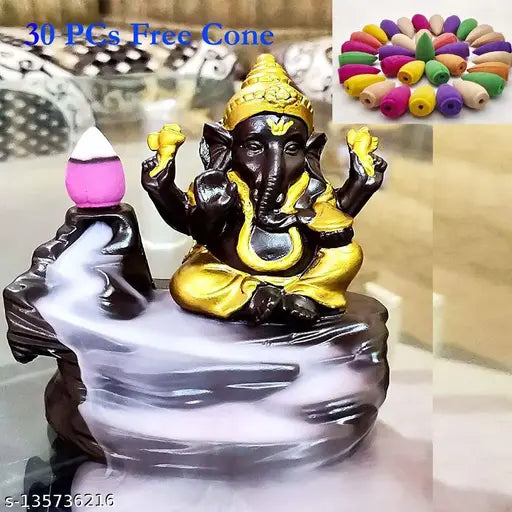 Resin Ganesha Water Fountain Burner with smoky effect, features 30 incense cones. Handcrafted Indian home decor item