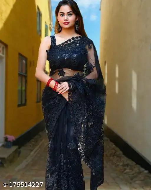 Embroidered net saree with separate satin blouse, Indian voguish fashion