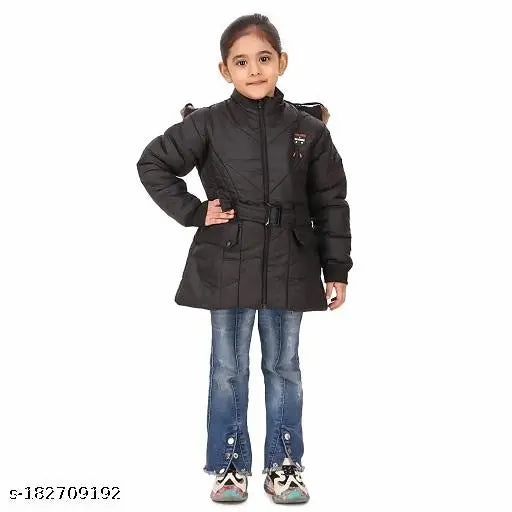 Black printed net polyester jacket with hood for girls winter wear, trendy and stylish kids jacket from 7Evenwear