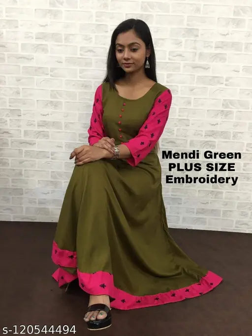 Plus-size rayon slub kurti, embroidered sleeves and ghera, 100% quality Indian ethnic wear
