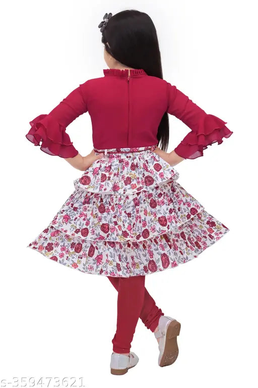 Cotton blend printed net party frock, three-quarter sleeves for 2-3 years old girls, festive wear for any occasion