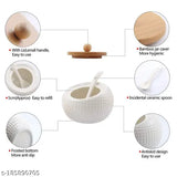 White porcelain spice container set, 3 pieces, bamboo lid, wooden tray, kitchen countertop