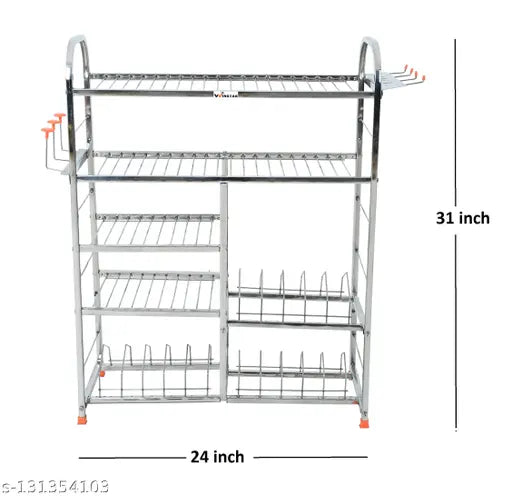 Stainless steel kitchen wall mount rack with 5 shelves, cutlery holder, and plate storage
