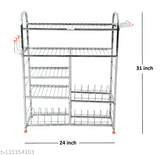 Stainless steel kitchen wall mount rack with 5 shelves, cutlery holder, and plate storage