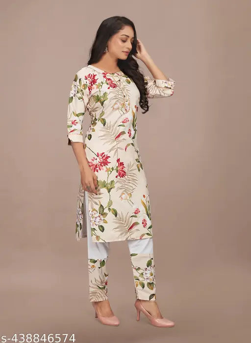 Printed scuba two-piece set for women, matching print top and bottom, Indian origin