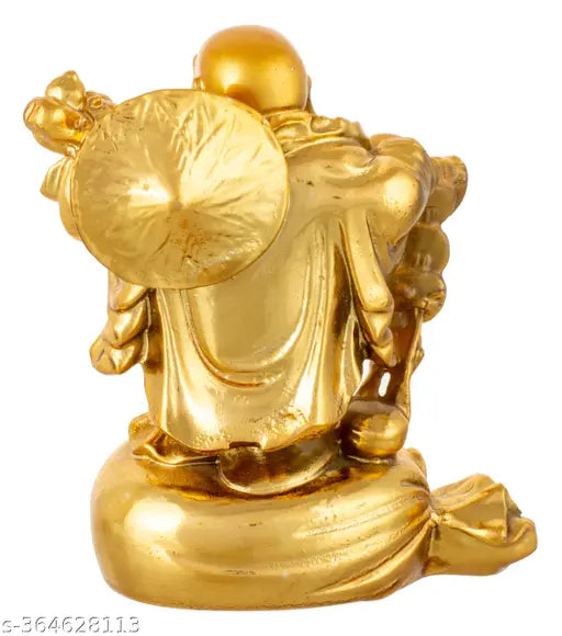 Golden polyclay Laughing Buddha figure standing on potli sack and carrying ingot potli, symbolizing wealth prosperity at home office (9cm height)