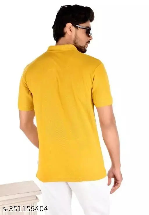 Yellow cotton blend men's polo t-shirts with short sleeves and solid pattern, perfect for casual wear