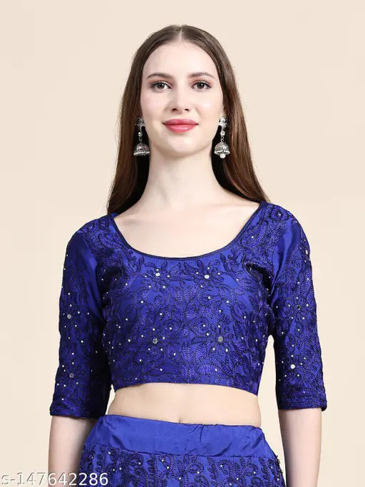 Indian taffeta silk embroidered lehenga-choli set with net dupatta, unstitched (42in/44in), suitable for Indo Western weddings