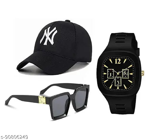 Cotton black baseball cap, sunglasses, and watch combo for men/boys. Embroidered net pattern. Pack of 3. Indian-made accessory set