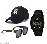 Cotton black baseball cap, sunglasses, and watch combo for men/boys. Embroidered net pattern. Pack of 3. Indian-made accessory set