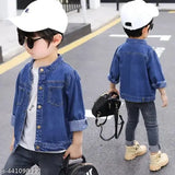 Single collar blue denim jacket with button details, youth size, casual style