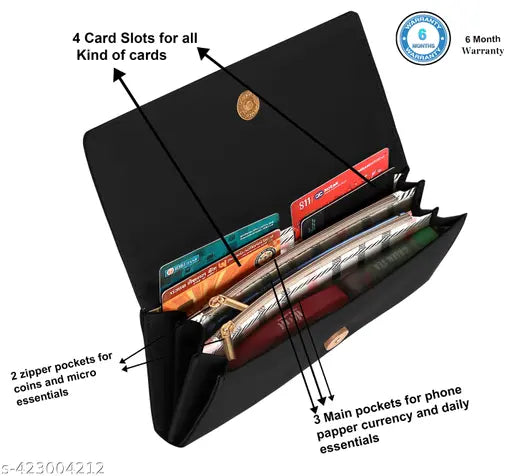 Women's black clutch purse with multiple pockets and slots