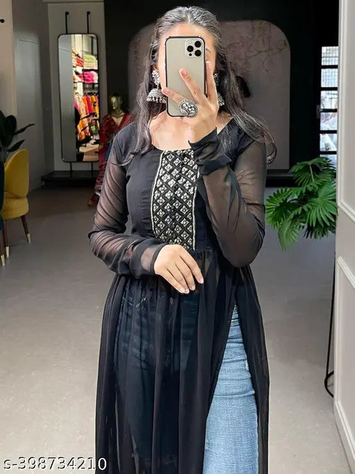 Georgette Naira Embroidered Kurti, long sleeves, single solid color, S-XXXL sizes, Indian fashion