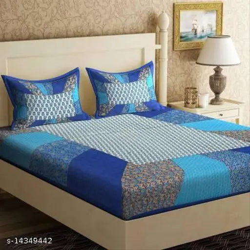 Blue cotton bedsheet combo with 2 pillow covers, floral pattern, double bed sheet.