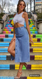 Colorblocked denim high waist skirt, size options available for women from 24-32 inches
