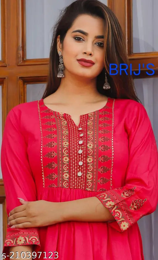 Pink embroidered long kurta with Nyra cut design, V neckline, 3/4 sleeves" # clarify Nyra cut and style details