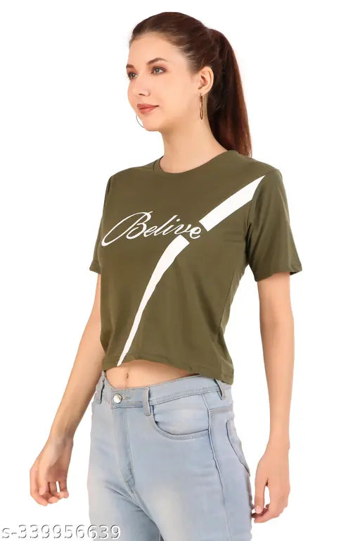Cotton printed round neck half sleeve crop T-shirt for women, stylish short sleeves and cropped fit