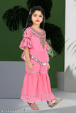 Modern cotton blend embellished kurta palazzos for girls, calf length A-line style with short sleeves. Available in sizes 3-4 years to 9-10 years, made in India