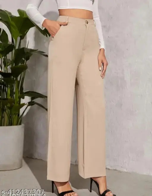 Tan trousers, mid-rise waistband, slit side pockets