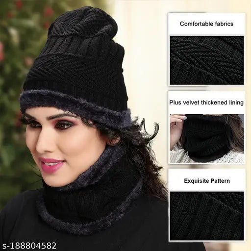 Black wool unisex cap with matching neck muffler