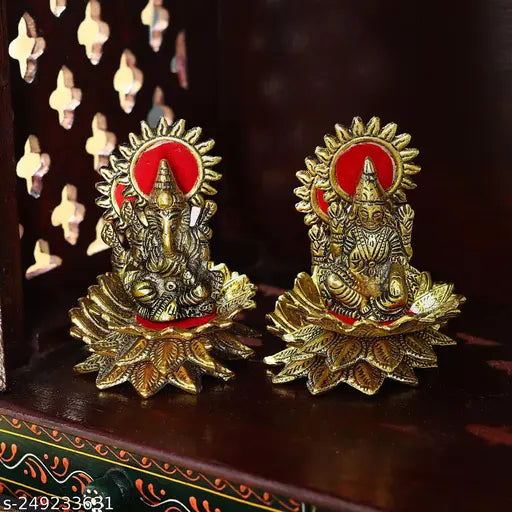 Antique finish, gold plated metal Ganesha Lakshmi Murti Idol for home decor and temple puja, handcrafted in India
