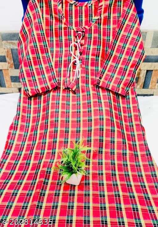 A long, multicolored woolen kurti with a V-neck on display